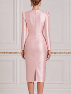 Pink Dress Fall Wedding Guest Dress Satin Puff Shoulder Pencil Midi Dress