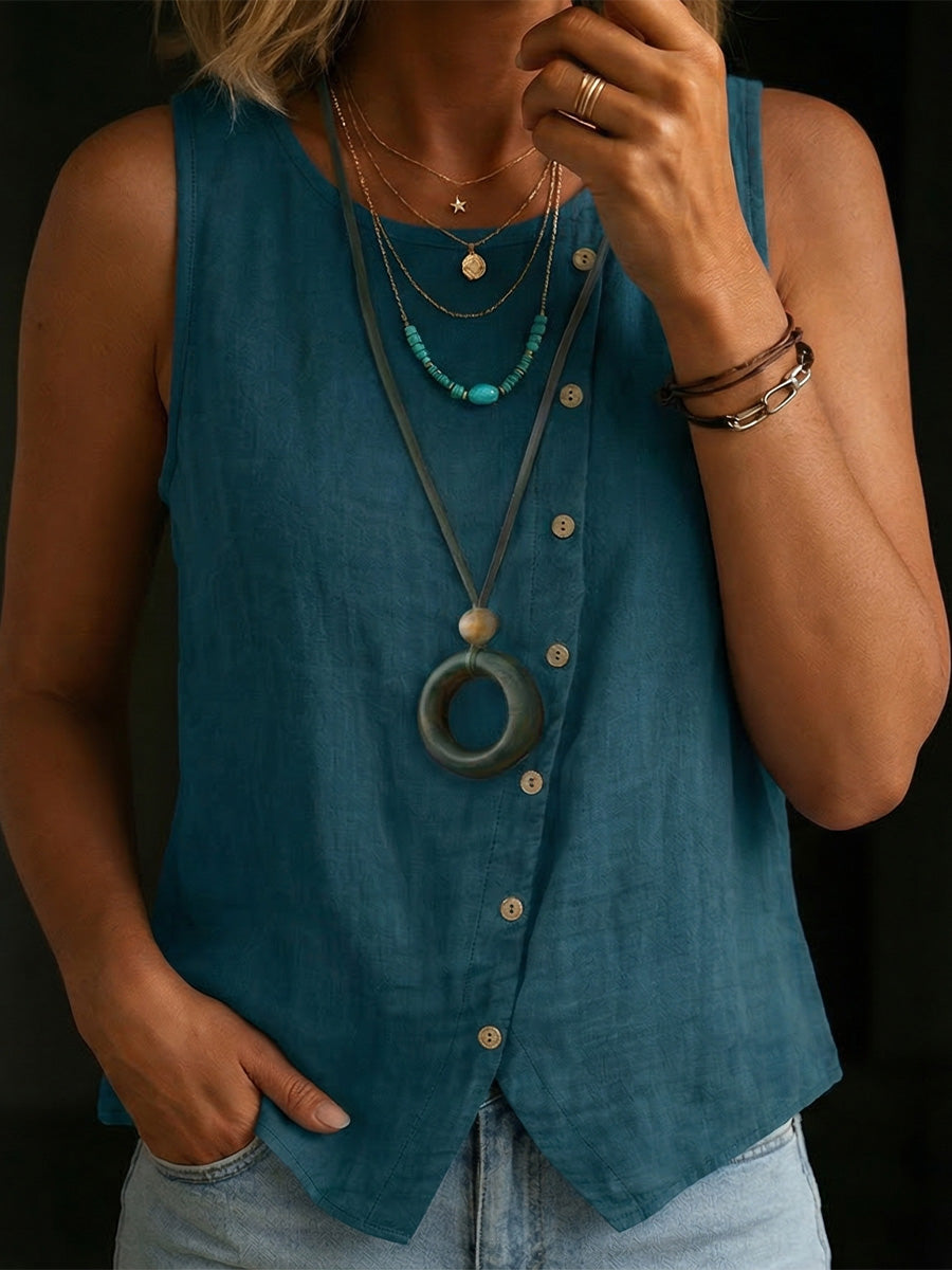 Women's Sleeveless Button-up Cotton Linen Top