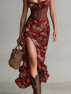 Corset-Style Floral Print High-Slit Maxi Dress