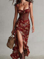 Corset-Style Floral Print High-Slit Maxi Dress