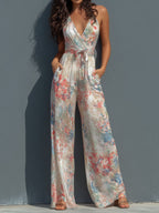 Boho Resort Floral Satin Halter Wrap Front Wide-Leg Jumpsuit