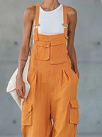 Orange Cotton-linen Multi-pocket Wide-leg Overalls
