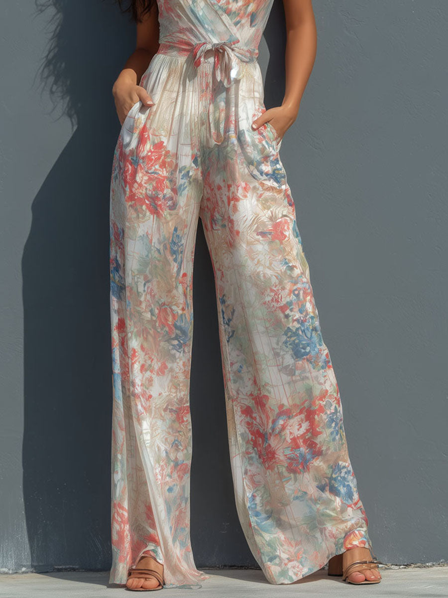 Boho Resort Floral Satin Halter Wrap Front Wide-Leg Jumpsuit