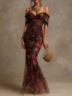 Vintage Floral Print Off-the-Shoulder Ruched Mesh Mermaid Maxi Dress