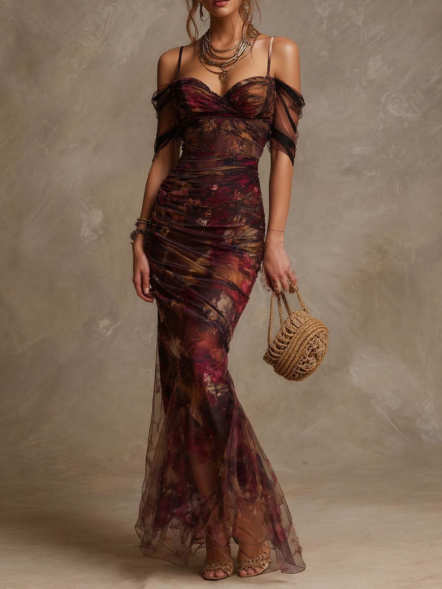 Vintage Floral Print Off-the-Shoulder Ruched Mesh Mermaid Maxi Dress