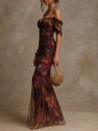 Vintage Floral Print Off-the-Shoulder Ruched Mesh Mermaid Maxi Dress