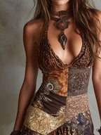 Boho Leopard & Baroque Print  Halter Ruffle Hem Mini Dress