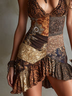 Boho Leopard & Baroque Print  Halter Ruffle Hem Mini Dress