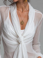 Sheer Crinkled Chiffon Wrap Front Tie Knot Long Sleeve Blouse With Camisole