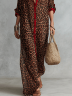 Effortless Glam Sheer Leopard Deep-V Belted Brown Shirt Maxi Dress