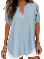 Solid Color V Neck Short Sleeve Linen Blend Shirt