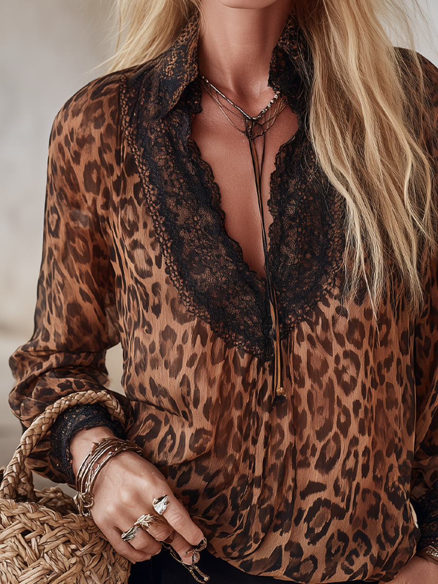 Boho Luxe Leopard Lace Trim Chiffon Blouse Top