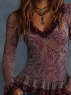 Burgundy Floral Crinkle Ruffle Top