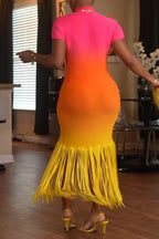 Women's Fashion Sunset Gradient Color Fringe Hem Maxi Dress