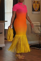 Women's Fashion Sunset Gradient Color Fringe Hem Maxi Dress