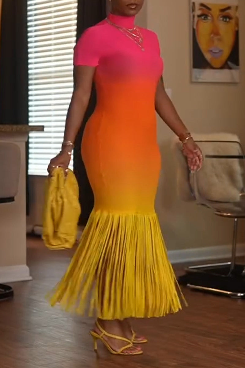 Women's Fashion Sunset Gradient Color Fringe Hem Maxi Dress