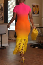 Women's Fashion Sunset Gradient Color Fringe Hem Maxi Dress