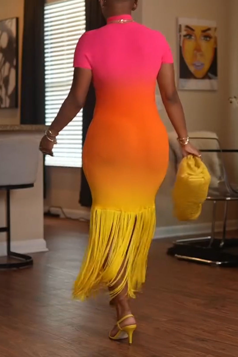 Women's Fashion Sunset Gradient Color Fringe Hem Maxi Dress