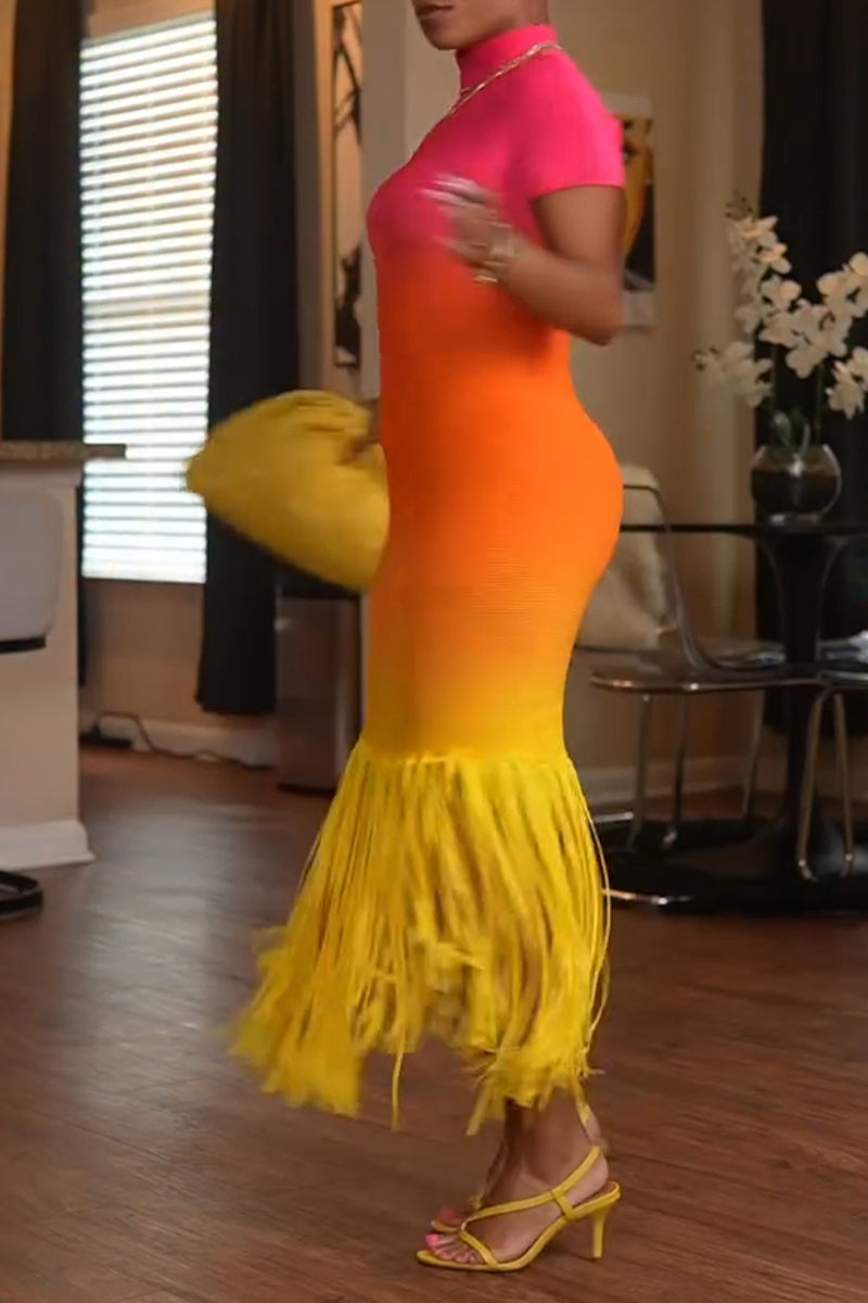 Women's Fashion Sunset Gradient Color Fringe Hem Maxi Dress