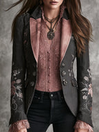Retro Black Floral Embroidered Pink Satin Lapel Blazer