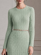 Elegant Textured Knit Belted Sheath Midi Dress