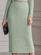 Elegant Textured Knit Belted Sheath Midi Dress