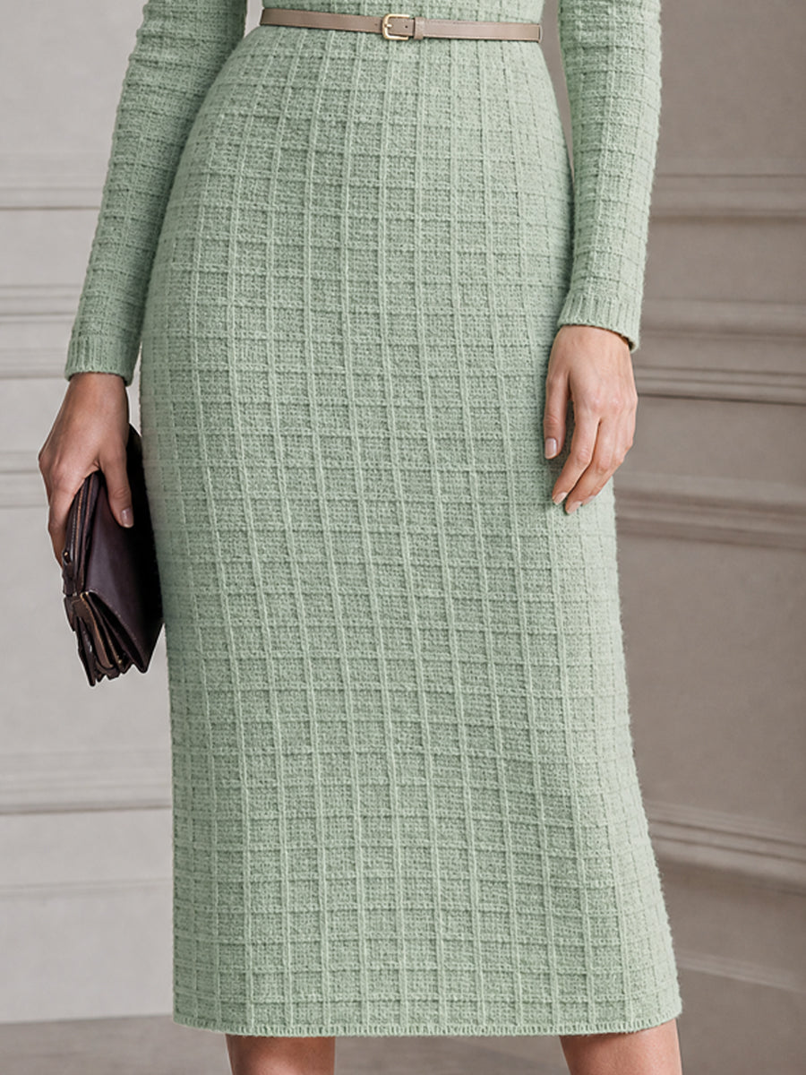 Elegant Textured Knit Belted Sheath Midi Dress