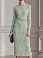 Elegant Textured Knit Belted Sheath Midi Dress
