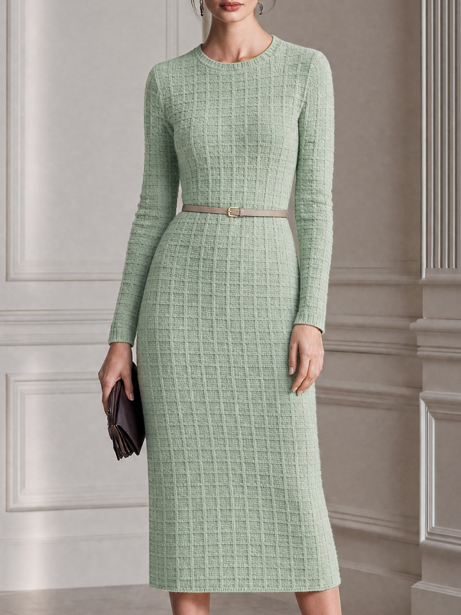 Elegant Textured Knit Belted Sheath Midi Dress