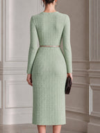 Elegant Textured Knit Belted Sheath Midi Dress
