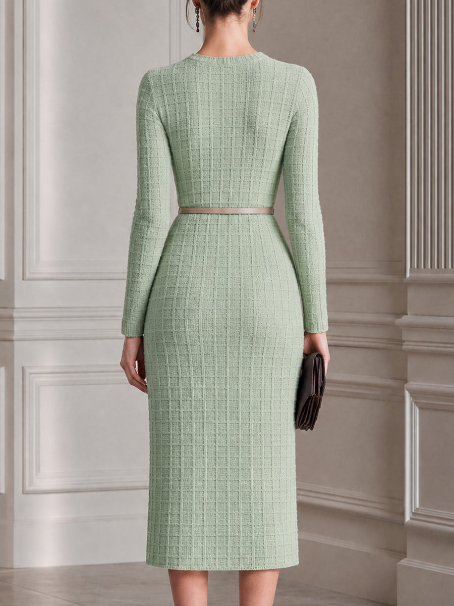 Elegant Textured Knit Belted Sheath Midi Dress
