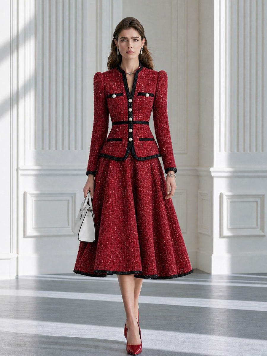 Elegant Pearl Buttons And Contrast Trim Tweed Two-Piece Set