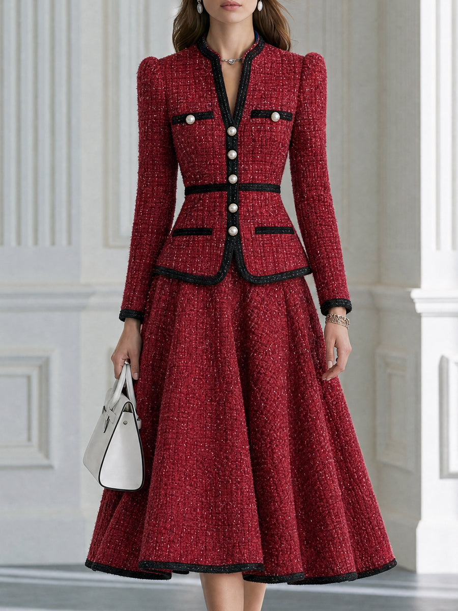 Elegant Pearl Buttons And Contrast Trim Tweed Two-Piece Set