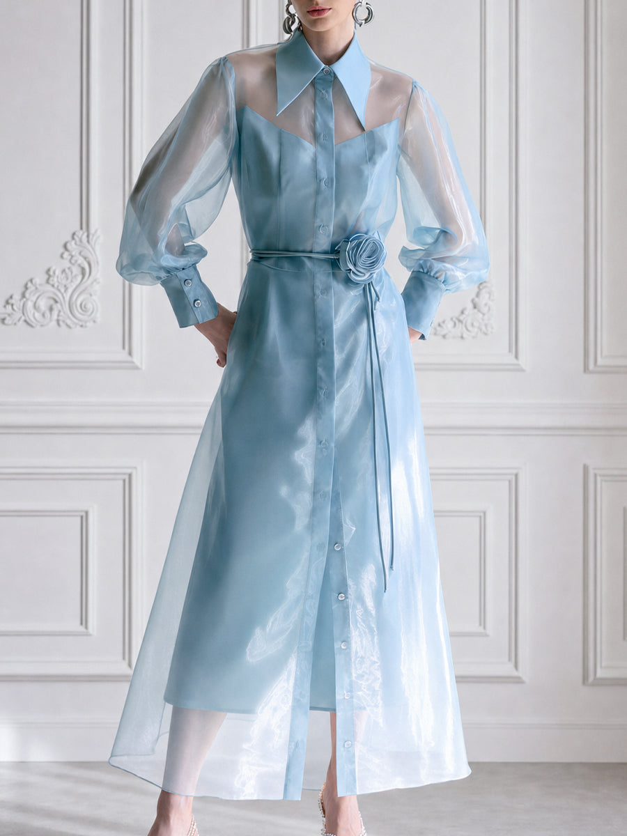 Sheer Organza Sheer-Sleeve Belted Shirt Dress with Rose Detail