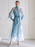 Sheer Organza Sheer-Sleeve Belted Shirt Dress with Rose Detail