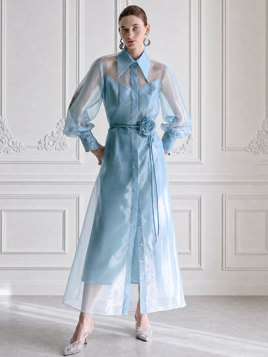 Sheer Organza Sheer-Sleeve Belted Shirt Dress with Rose Detail