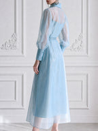 Sheer Organza Sheer-Sleeve Belted Shirt Dress with Rose Detail