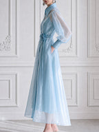 Sheer Organza Sheer-Sleeve Belted Shirt Dress with Rose Detail