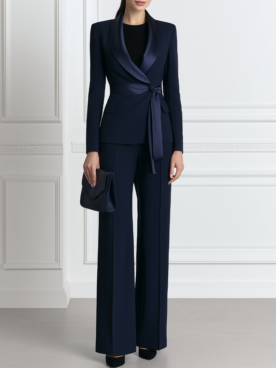 Satin Shawl Collar Blazer & Wide Leg Pants Two-Piece Suit Set