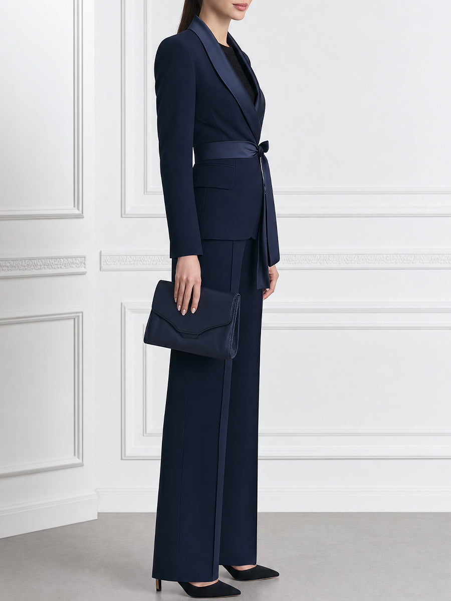 Satin Shawl Collar Blazer & Wide Leg Pants Two-Piece Suit Set