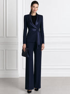 Satin Shawl Collar Blazer & Wide Leg Pants Two-Piece Suit Set