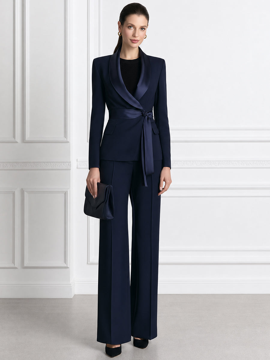 Satin Shawl Collar Blazer & Wide Leg Pants Two-Piece Suit Set
