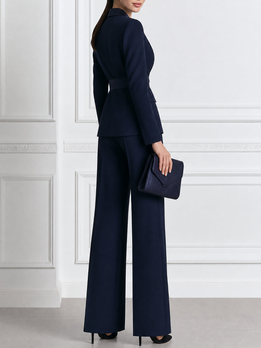 Satin Shawl Collar Blazer & Wide Leg Pants Two-Piece Suit Set