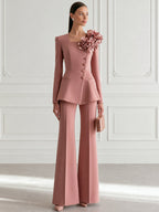 Dusty Rose 3D Floral Square-Neck Peplum Blazer & Flared Trouser Set