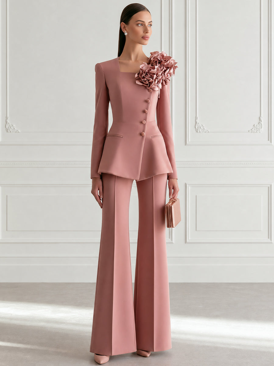 Dusty Rose 3D Floral Square-Neck Peplum Blazer & Flared Trouser Set