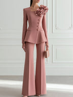 Dusty Rose 3D Floral Square-Neck Peplum Blazer & Flared Trouser Set