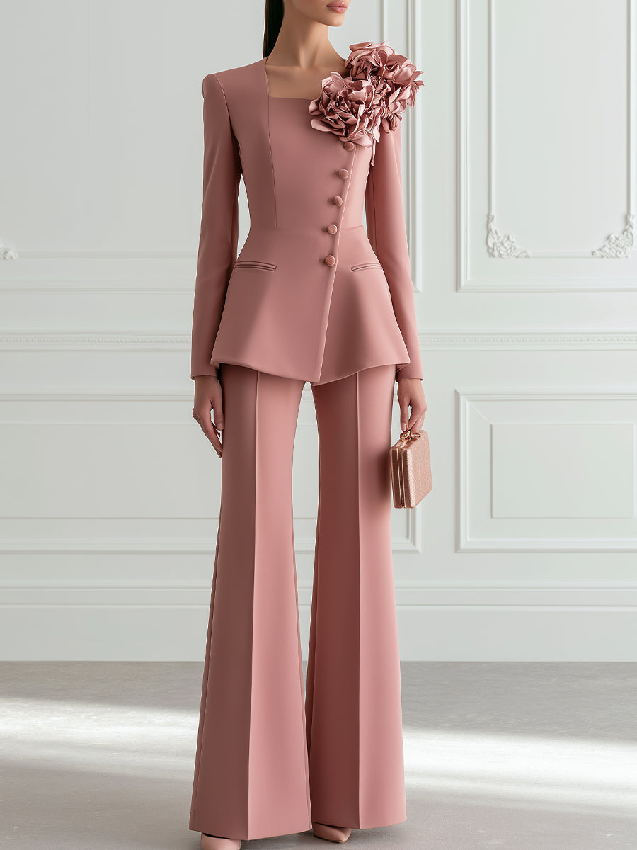 Dusty Rose 3D Floral Square-Neck Peplum Blazer & Flared Trouser Set