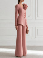 Dusty Rose 3D Floral Square-Neck Peplum Blazer & Flared Trouser Set