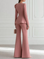 Dusty Rose 3D Floral Square-Neck Peplum Blazer & Flared Trouser Set