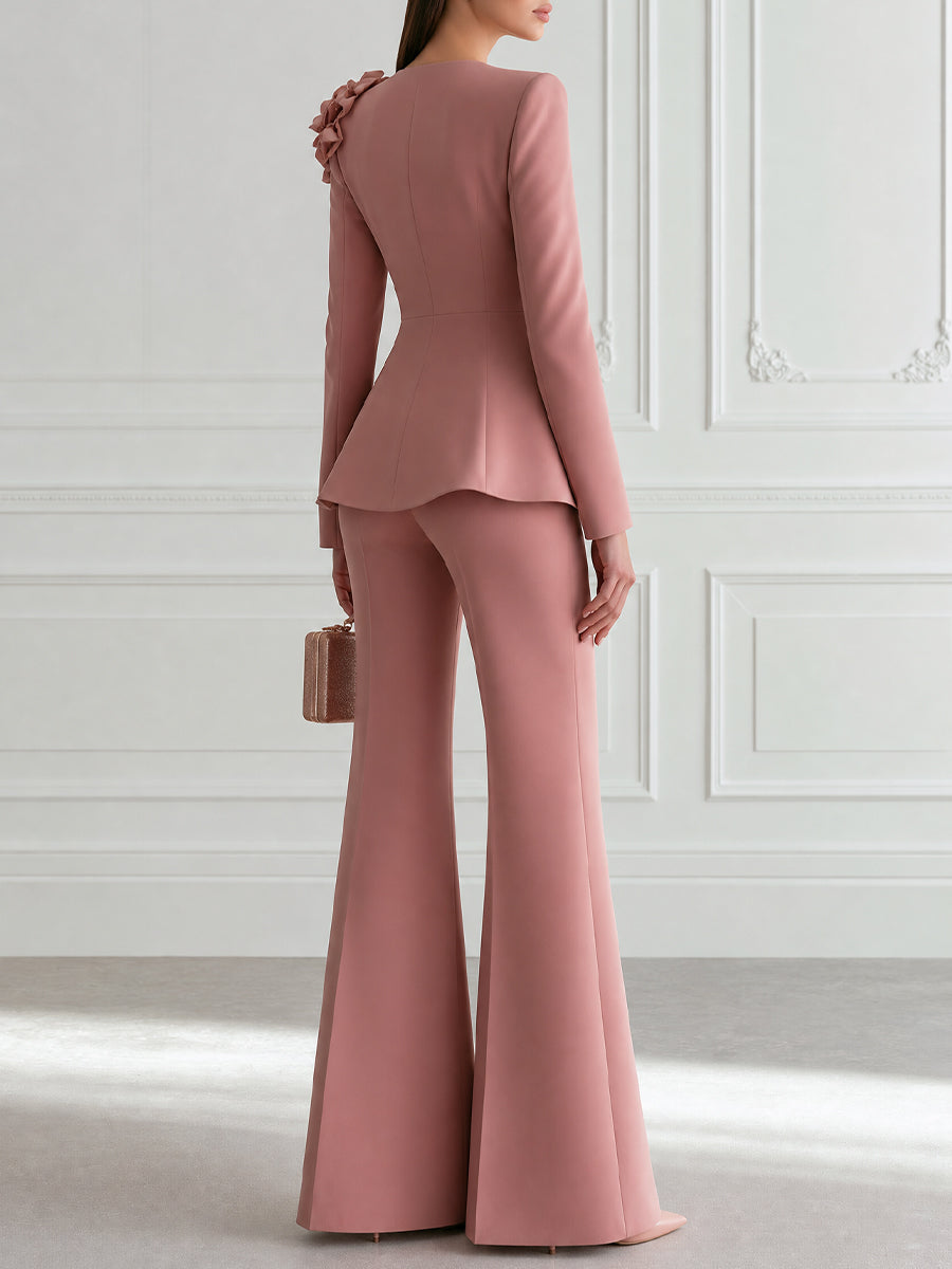 Dusty Rose 3D Floral Square-Neck Peplum Blazer & Flared Trouser Set
